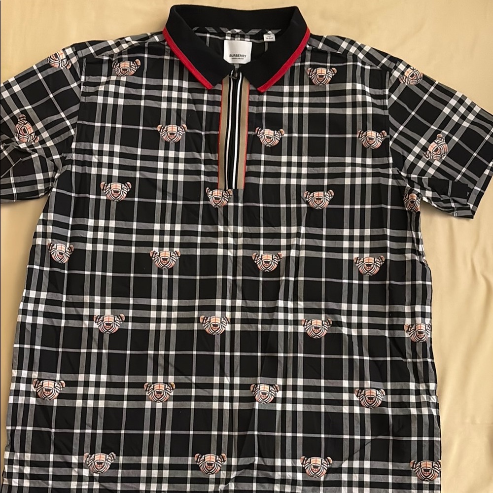 Burberry Black and White Checkered Polo with Red Trim